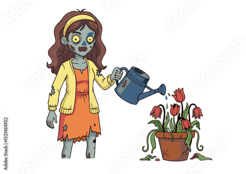 Adorable Zombie Girl Cartoon Illustration Watering Withered Flowers