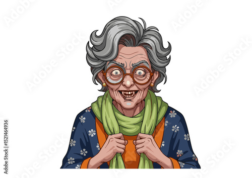 Creepy Granny Illustration A Spooky,  Smiling Old Woman with Sharp Teeth and Glasses - Halloween Vector Art