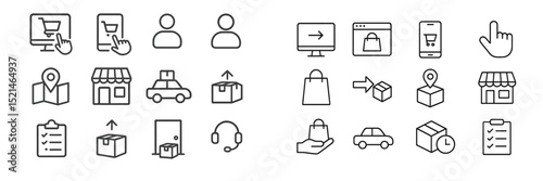Icons representing e-commerce activities and logistics processes for online shopping transactions