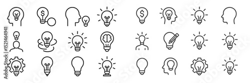 Collection of light bulb icons representing innovative ideas and concepts in design, creativity, and brainstorming sessions