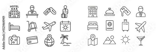 Travel icons representing various aspects of vacation planning and hotel experiences