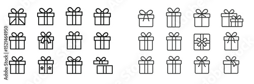 Various gift box designs drawn in simple line art showcasing different styles and sizes suitable for celebrations and occasions