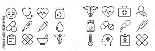 Collection of medical and health-related icons representing various healthcare elements and activities