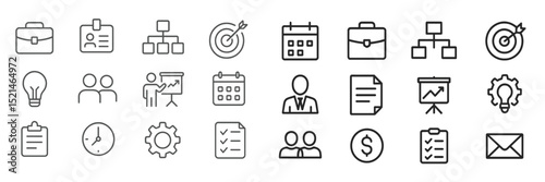 Business icons showcasing teamwork, planning, and productivity in a modern design for digital applications