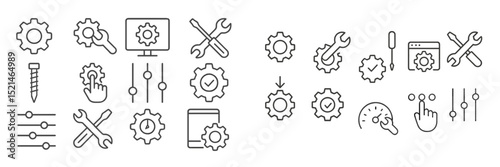 Various icons illustrating tools, gears, and settings depicted in a minimalistic design for technology and maintenance themes