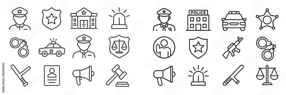 Collection of law enforcement symbols including badges, police vehicles, and court elements illustrating police work Collection of law enforcement symbols including badges, police vehicles, and court elements illustrating police work
