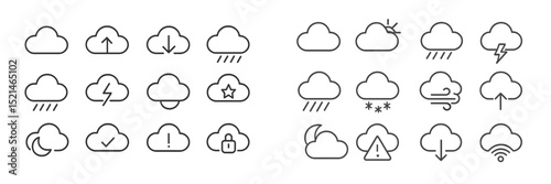 Various cloud icons representing different weather conditions and alerts displayed on a light background