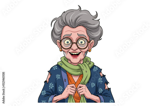 Cartoon Illustration of a Surprised Elderly Woman with Torn Clothing and a Green Scarf A Hilarious and Expressive Character Design