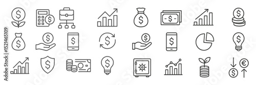 Variety of money management icons representing finance, investment, and growth concepts in a structured layout