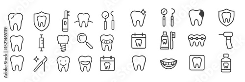 Collection of dental icons illustrating oral health tools and procedures for patient education and awareness