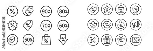 Discount icons representing various percentages on sales and promotions in a minimalistic design