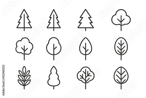 Line drawing collection of various tree shapes and types arranged in a grid pattern displaying nature's diversity