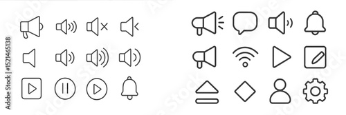 Sound and notification icons arranged in a grid for user interface design