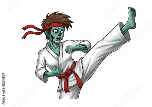 Undead Martial Artist Zombie Karate Master in Action,  High-Quality Illustration