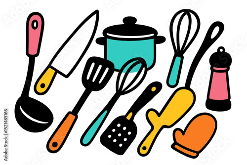 Cooking utensils and tools design with vibrant colors showcasing kitchen essentials and accessories