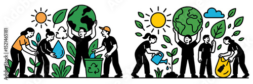 Community members participate in environmental cleanup and planting trees in a local park on a sunny afternoon