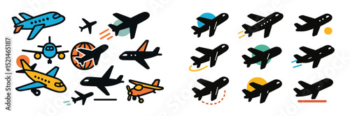 Colorful illustrations of various airplanes representing air travel activities and experiences in a playful design style