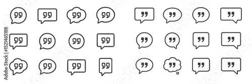Collection of speech bubbles featuring various quotation mark designs in a minimalist style ideal for messaging or communication themes