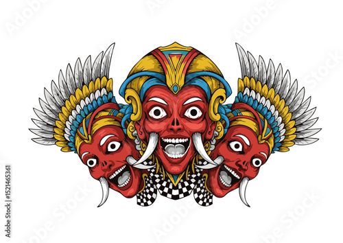 Vibrant Artistic Depiction of a Three-Faced Deity with Wings A Colorful Illustration of Mythological Figure
