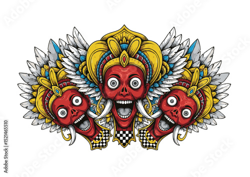 Intricate Tribal Goddess Illustration Three-Headed Deity with Wings and Ornate Crowns, Colorful Artwork