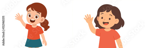 Two cheerful girls waving hello in colorful outfits during a sunny afternoon playtime