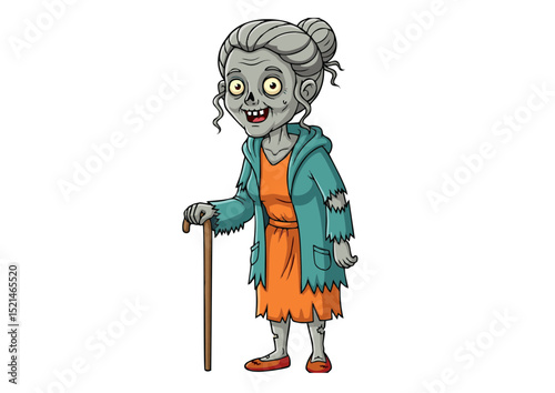 Cartoon Illustration of a Zombie Granny with Walking Stick Spooky Halloween Character Design