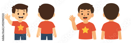 Young boy waving cheerfully while wearing a red t-shirt with a star graphic, showcasing two different angles in a playful manner