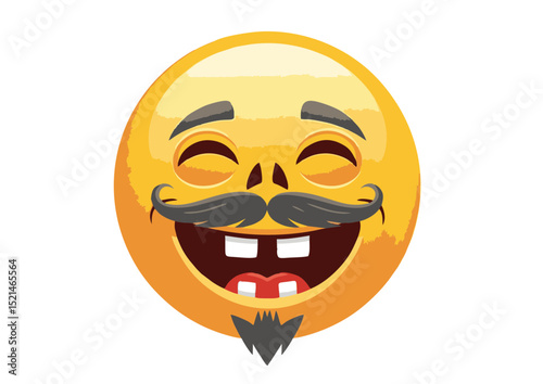 Joyful Emoji Illustration  A Hilarious Cartoon Character with a Mustache, Goatee, and Wide Grin – Perfect for Adding Humor to Your Projects
