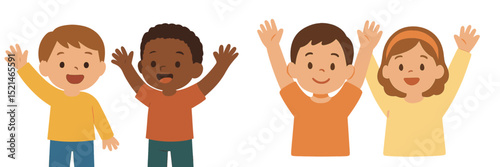 Children celebrating with happy expressions and raised hands during a joyful event in a cheerful setting