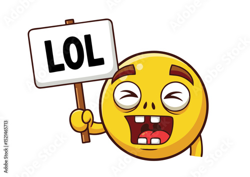 Hilarious Cartoon Emoji Character Holding a Sign with LOL Written on It, Expressing Extreme Joy and Laughter Perfect for Memes, Social Media, and Fun Projects
