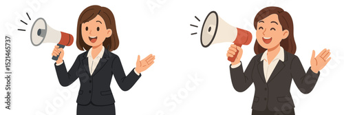 Woman in business attire using a megaphone to deliver an important message in a confident manner