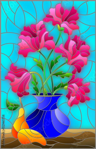 llustration in stained glass style with bouquets of pink poppies flowers in a blue vase and pears on table on a blue background