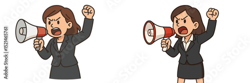 Businesswoman expressing strong opinions with a megaphone during a protest in an urban area, advocating for social change and awareness