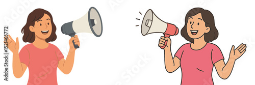 Two women enthusiastically speaking with megaphones, promoting engagement and excitement in a lively setting