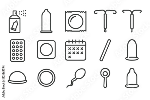 Illustration of various contraceptive methods including condoms, pills, IUDs, and more shown in a simple graphic style