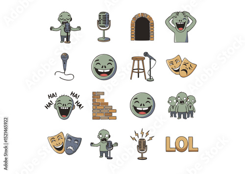Hilarious Zombie Comedy Emojis Stand-Up, Laughter, Masks, and More - Cartoon Illustrations for Digital Use