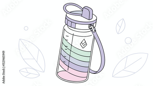 Illustration of a water bottle with a purple lid and strap surrounded by leaf and circle designs