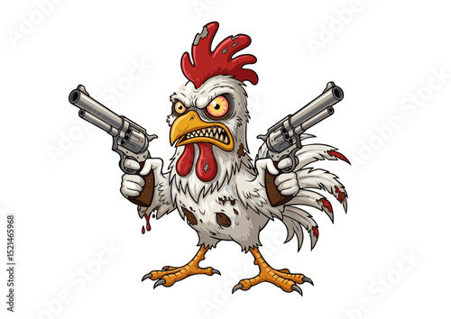 Angry Rooster with Guns A Fierce and Humorous Cartoon Illustration
