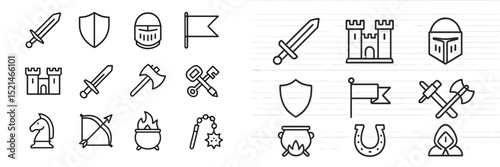 Collection of medieval-themed icons featuring weapons, shields, and castles illustrating a fantasy adventure