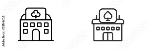 Building designs showing modern minimalist and classic styles featuring playing card symbols in a creative manner