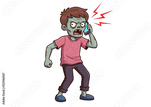 Angry Zombie Boy Screaming on Cell Phone Cartoon Illustration Spooky Halloween Digital Art