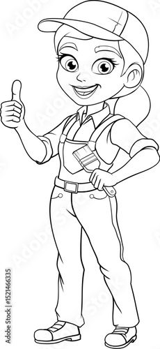 A woman female painter decorator holding a paintbrush tool builder construction cartoon character mascot.