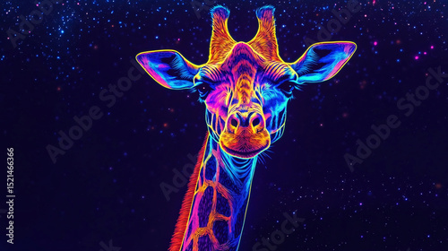 A stunning neon giraffe portrait stands out in a night sky filled with twinkling stars.
