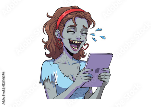 Hilarious Zombie Girl Laughs at Funny Meme on Tablet - Undead Humor Illustration