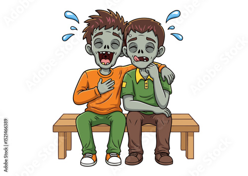 Hilarious Zombie Duo Undead Friends Sharing a Bench, Laughter and Tears - Cartoon Illustration