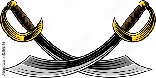 A pair of crossed pirate scimitar cutlass saber swords heraldry design element in a vintage retro woodcut style
