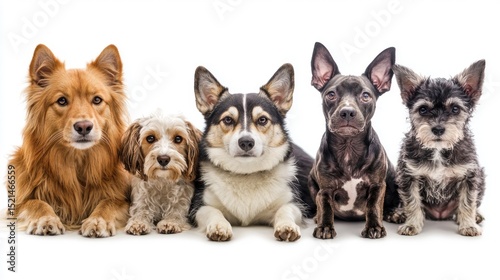 Five dogs of different breeds and colors sitting on a white background. photo