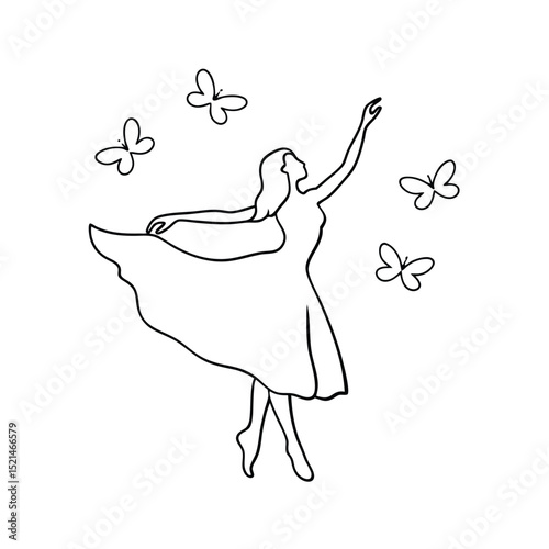 Graceful woman in dress dancing with butterflies continuous line drawing