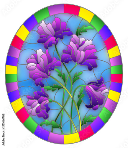 Illustration in stained glass style with a bouquet of a plant with purple flowers on a blue background in a bright frame, oval image