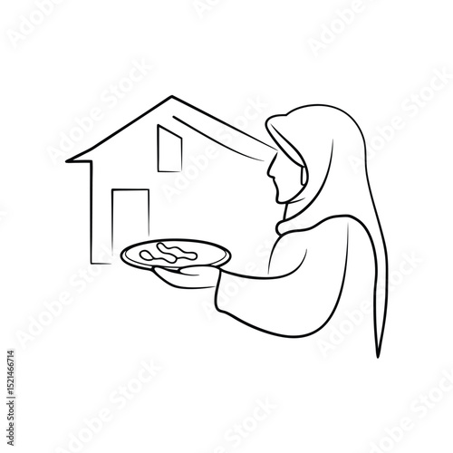 Woman in headscarf offering food near house continuous line drawing